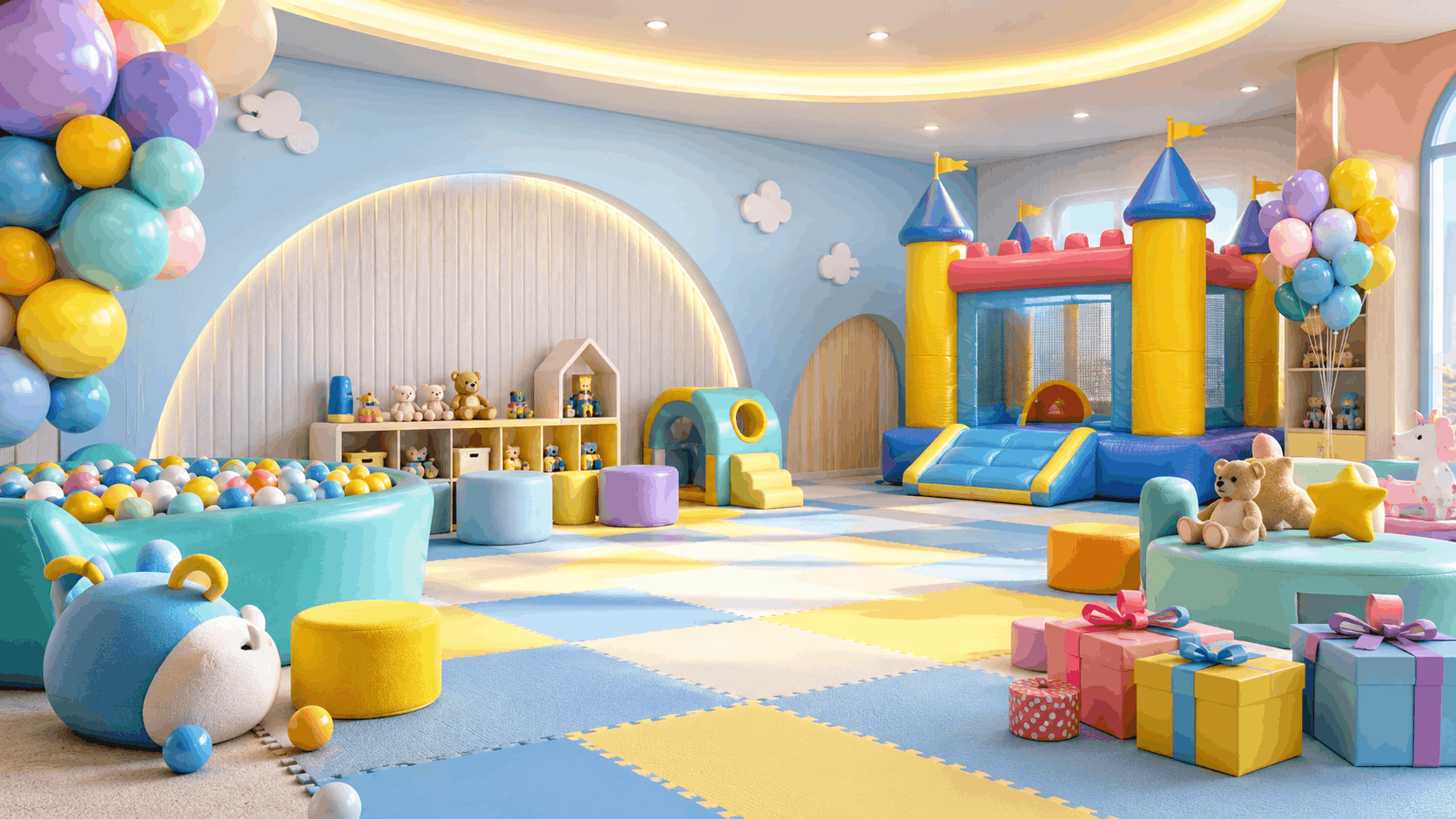 Svetla in igriva Go Kids igralnica z napihljivim gradom